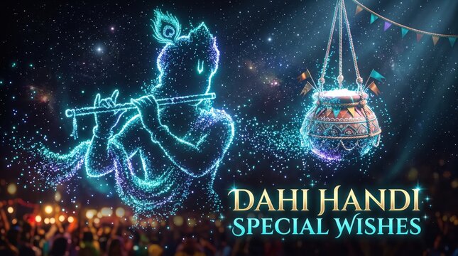 Lord Krishna playing flute with Dahi Handi pot glowing illustration
