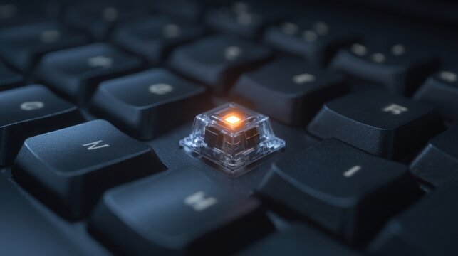 Single transparent mechanical keyboard keycap with illuminated switch beneath, matte charcoal background, futuristic workspace aesthetic, premium