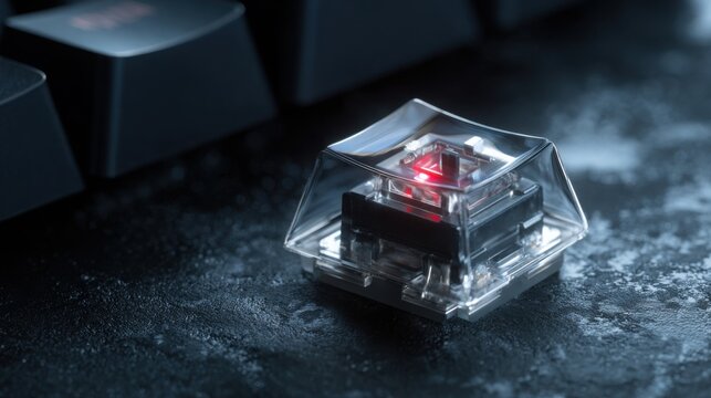 Single transparent mechanical keyboard keycap with illuminated switch beneath, matte charcoal background, futuristic workspace aesthetic, premium
