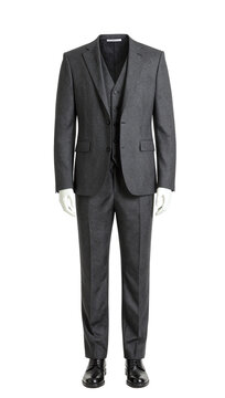 Headless male model wearing charcoal three-piece suit