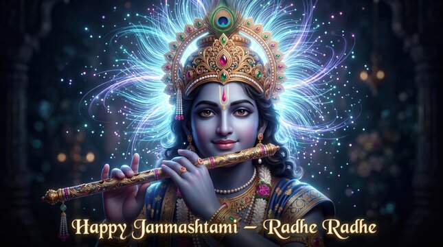 Lord Krishna playing golden flute with glowing divine light background