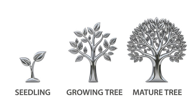 Three stages of tree growth isolated on white background
