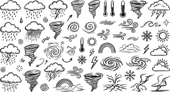 Hand drawn weather icon set vector with storm clouds rain lightning tornadoes wind rainbows and sun doodles.eps