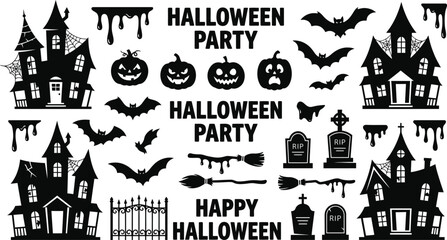 Fototapeta premium Spooky halloween day decorations bats pumpkins haunted houses tombstones vector set