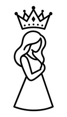 Princess concept icon of a woman with long hair wearing a regal crown in a simple line art style, princess © Roushon
