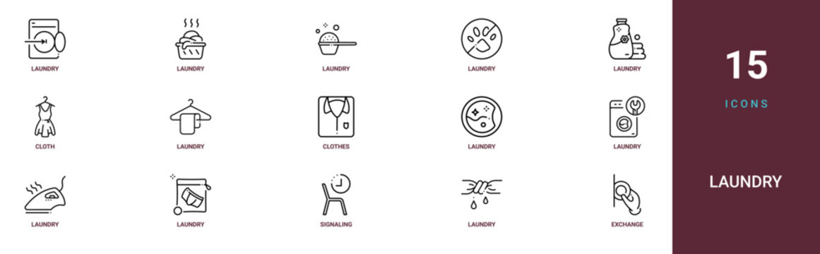 Set of 15 outline web Laundry icons such as exchange, laundry, signaling from laundry collection. Thin such as communication, signal. for use on web and mobile apps, logo, print media., laundry,