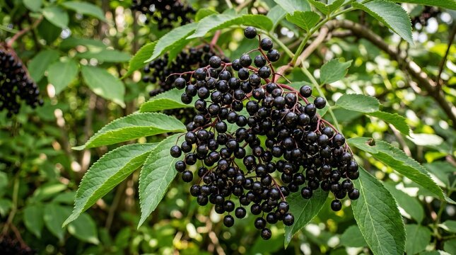 Cluster of ripe black elderberries growing on green leafy branches outdoors.