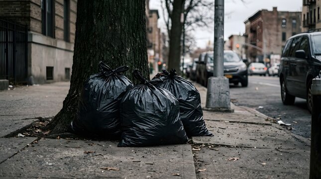 Urban decay piles of black trash bags leaning against a tree on a city sidewalk