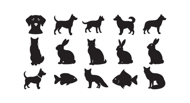 Variety of animal silhouettes dogs cats rabbits foxes fish and one bird in different poses isolated on white background.