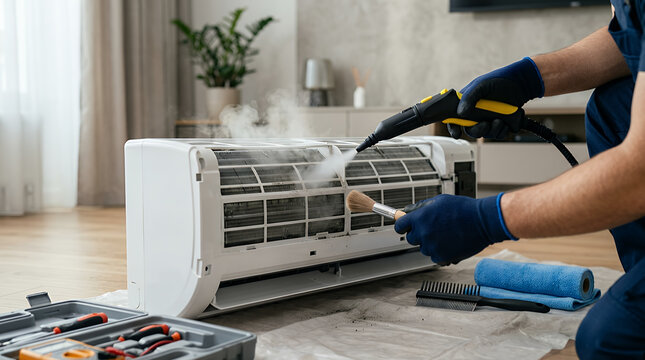Man repairing air conditioner unit.