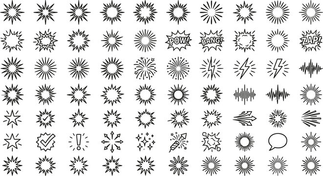Comic explosion starburst sparkles and pop art flashes outline icons set