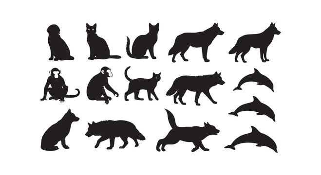 Wild and domestic animal silhouettes featuring wolves dogs cats monkeys and dolphins vector.