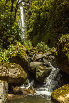Majestic waterfall flowing over mossy rocks in a deep tropical rainforest