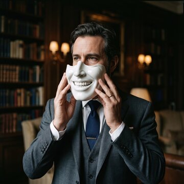 Businessman in dark suit holding smiling white mask over half his face, symbolizing hidden emotions and fake happiness concept.