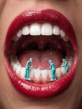 Tiny miniature dentists in scrubs cleaning and polishing giant white teeth inside open mouth, creative dental hygiene concept illustration.