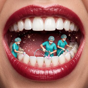 Tiny miniature dentists in scrubs cleaning and polishing giant white teeth inside open mouth, creative dental hygiene concept illustration.