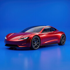 Naklejka premium Sleek, metallic red electric sports car over blue background, studio shot.