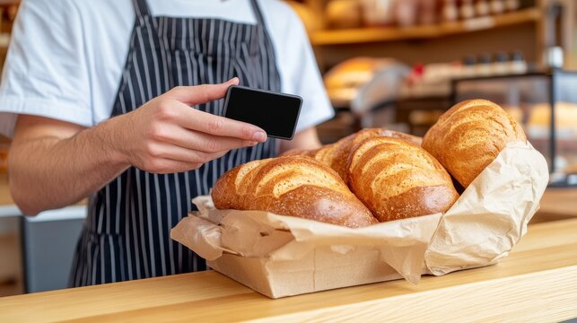 Baker holding a black digital sign over fresh crusty bread in a paper-lined box, close-up shot, shallow depth of field, artisan bakery concept, bakery, bread signage