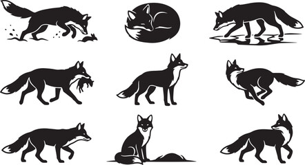 Fototapeta premium Fox Hunting and Wildlife Poses Black Silhouette Vector Icon Collection