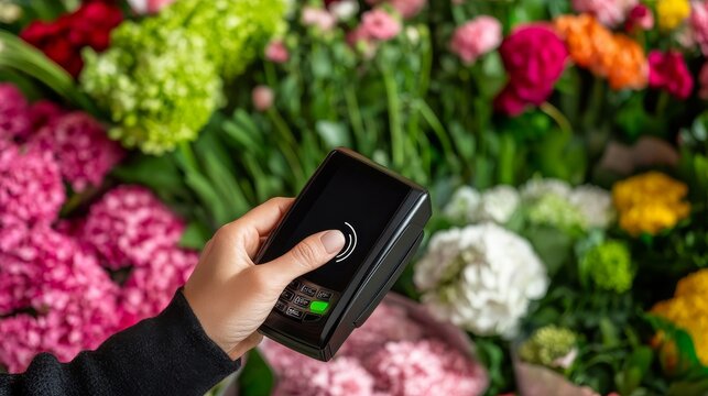 Close-up of a hand using a wireless card reader to make a contactless payment, set against a vibrant, blurred background of multi-colored floral shop bouquets, Digital payment, flowers