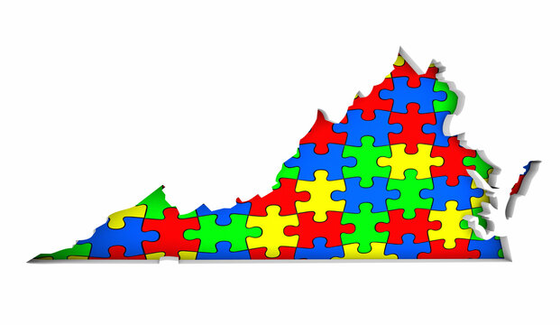 Virginia VA State Map Autism Puzzle Pieces Awareness Autistic Symbol Spectrum 3d Illustration