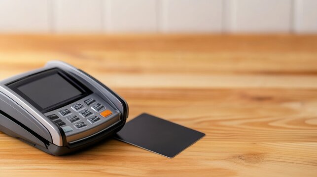 Close-up of a modern EDC payment terminal with a blank card on a textured wooden surface, high-angle shot, financial transaction concept,Payment,Terminal