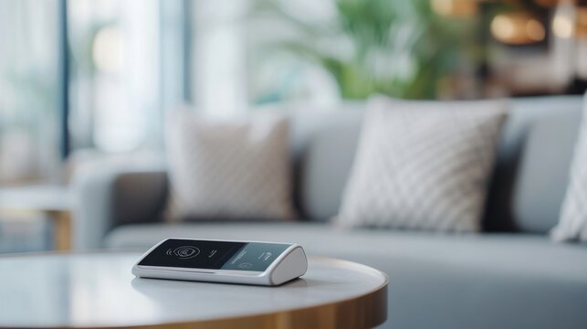 Close-up of a modern smart home control device on a sleek table in a soft-focus living room interior, minimal technology concept, smart home, technology
