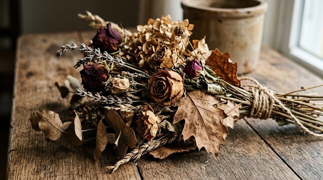 Autumn dried flowers and leaves arrangement on rustic wooden table.