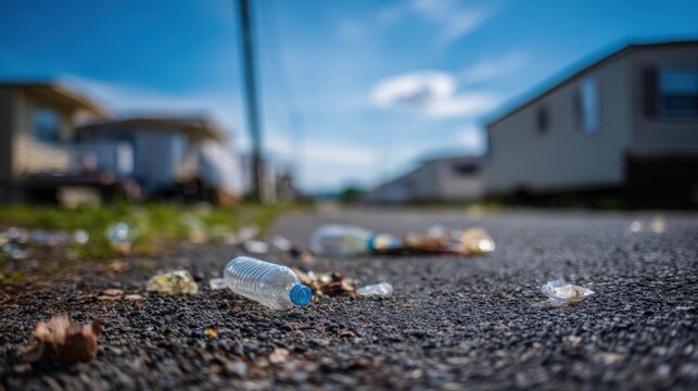 Ultra realistic ground level view of discarded plastic bottles and litter scattered beside a quiet residential trailer park street, mobile homes