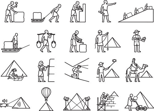 An ancient Egyptian hieroglyphic illustration depicting various activities, including construction, transportation, and daily life, showcasing the ingenuity and labor of the civilization.