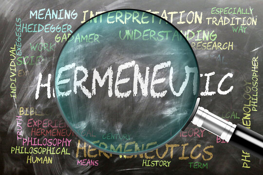 Hermeneutic being studied, examined - under close inspection. Most important subjects and ideas closely related to hermeneutic written on a blackboard inspected by a magnifying glass. ,3d illustration