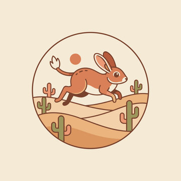 Swift desert jackrabbit leaps gracefully across sandy dunes, adorned with cacti under a warm, minimalist sun.