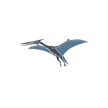 Graceful pterodactyl, with blue and grey wings, soars through the air, illustrated in a dynamic, stylized manner.