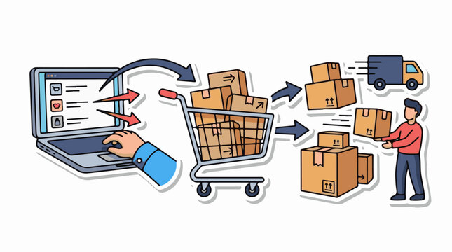 Online order processing and delivery with shipping truck and person