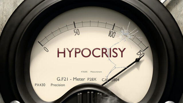 Hypocrisy meter showing high levels of hypocrisy. Dangerously increasing values of hypocrisy, critical overload. Too much, off the charts. Max hypocrisy ,3d illustration