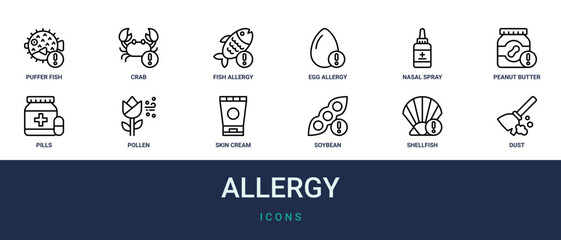 Set of 12 outline web Allergy icons such as dust, shellfish allergy, soybean, skin cream, pollen, pills, peanut butter vector icons for report, presentation, diagram, web design, mobile app © Amelia