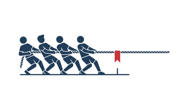 Group of stylized blue figures working together to pull a red ribbon barrier aside, symbolizing overcoming obstacles and teamwork.