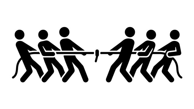 Team of stylized black figures collaboratively pulling a taut rope to symbolize unity and teamwork in a minimalist design.