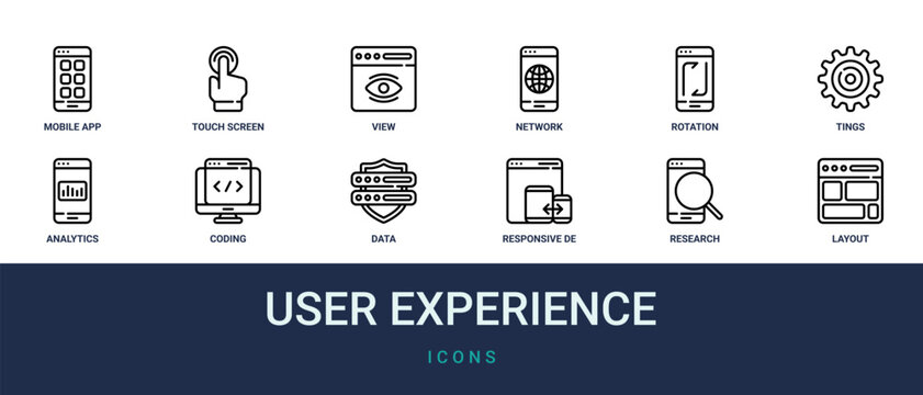 Set of 12 outline web User Experience icons such as layout, research, responsive de, data protection, coding, analytics, tings vector icons for report, presentation, diagram, web design, mobile app