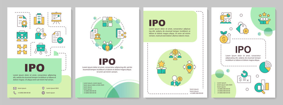 IPO green circle brochure layout. Initial public offering strategy. Raising company capital by opening to stock market. Leaflet advertising design with color line icons. Editable 4 pages