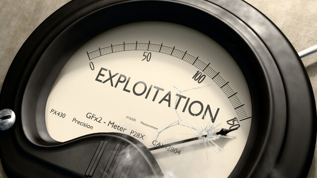 Exploitation meter showing high levels of exploitation. Dangerously increasing values of exploitation, critical overload. Too much, off the charts. Max exploitation ,3d illustration