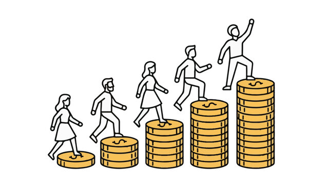 Animated sequence of stylized figures ascending a series of growing coin stacks depicts progressive financial success and milestone achievements.