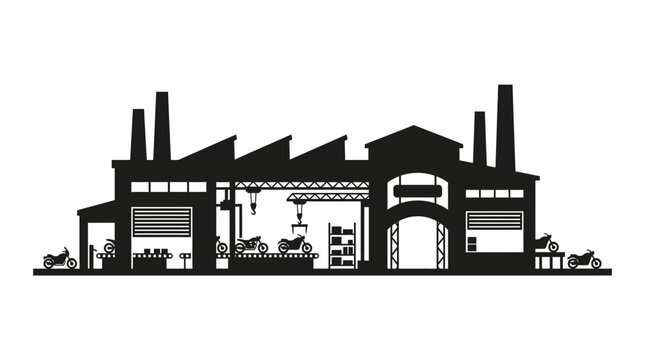 Factory Silhouette With Motorcycles And Assembly Line White Background
