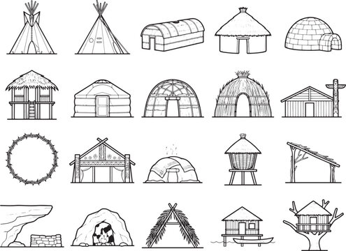 A collection of diverse traditional dwelling types, showcasing historical human shelter and architectural ingenuity across various cultures and environments.