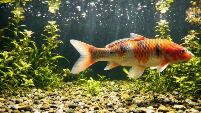 Close-up of a Beautiful Orange and Black Koi Fish Swimming in Clear Freshwater Aquarium with Green Plants
