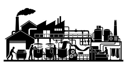 Obraz premium Factory Silhouette With Workers And Machinery Black And White Illustration
