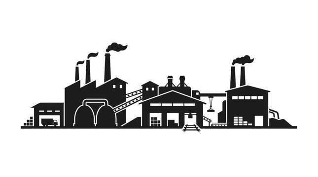 Factory Silhouette With Smokestacks Against A White Background