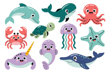 Adorable sea creatures collection featuring happy dolphin whale octopus crab turtle jellyfish starfish and narwhal for marine © Hasan