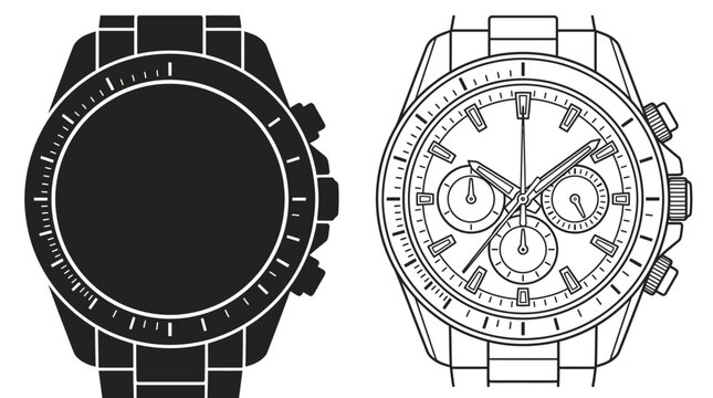 Wristwatch Line Art On White Background Detailed Chronograph Design