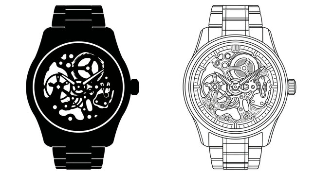 Skeleton watch line art black and white illustration on white background